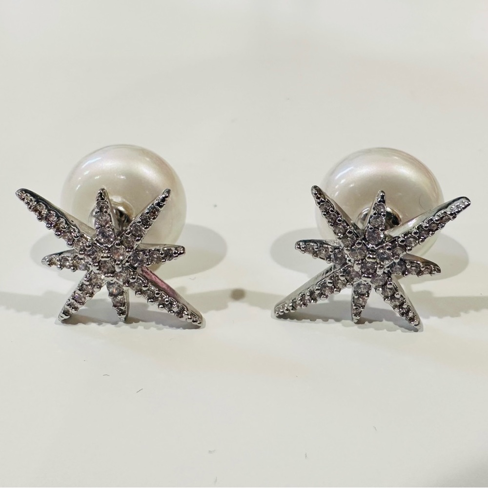 Starburst CZ Pave White Pearl Front Back Two-Sided Stud Earrings